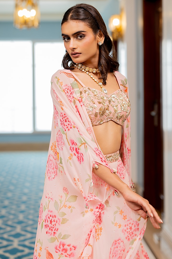 Pink Georgette Floral Printed Jacket Set by Paulmi & Harsh at Pernia's Pop Up Shop