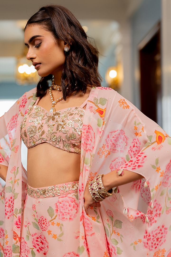 Pink Georgette Floral Printed Jacket Set by Paulmi & Harsh at Pernia's Pop Up Shop