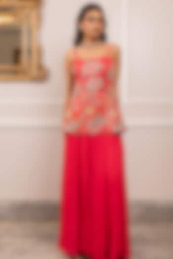 Red Georgette Floral Printed Corset-Style Kurta Set by Paulmi & Harsh at Pernia's Pop Up Shop