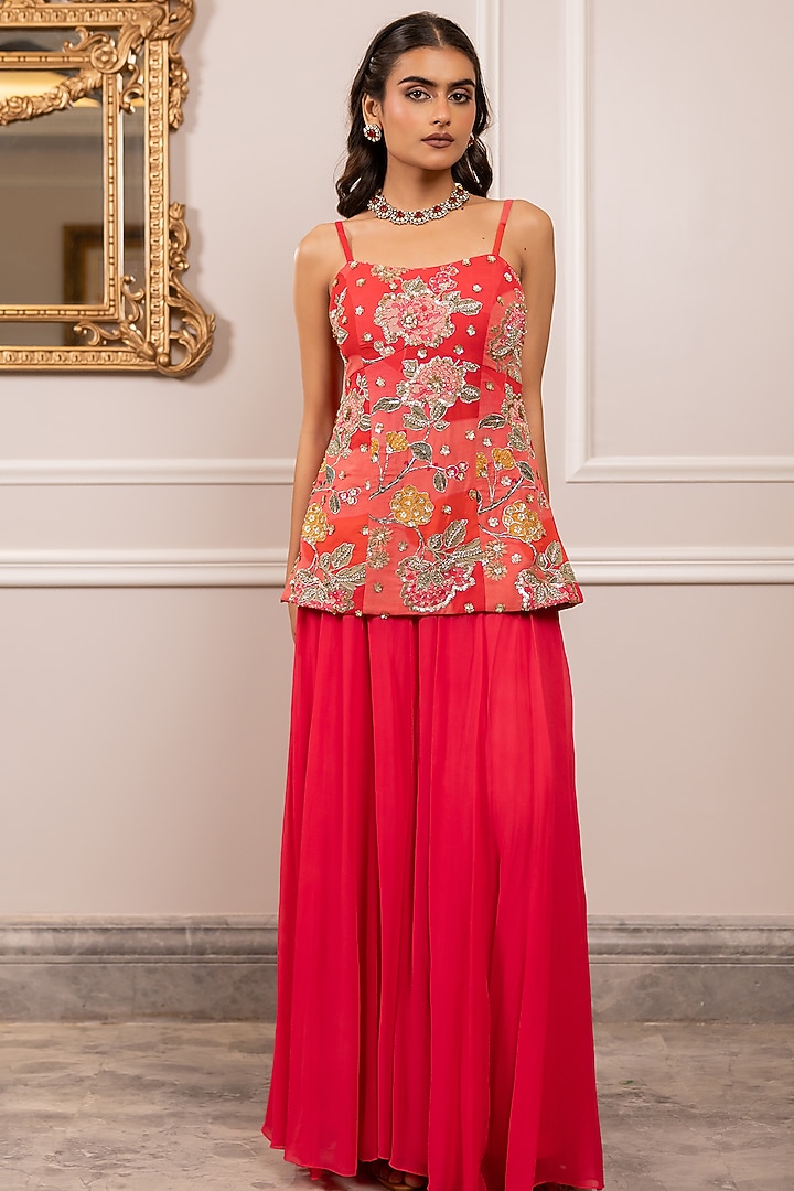 Red Georgette Floral Printed Corset-Style Kurta Set by Paulmi & Harsh at Pernia's Pop Up Shop