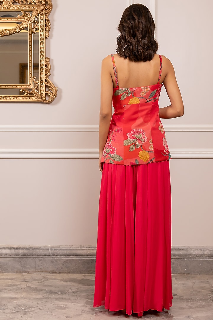 Red Georgette Floral Printed Corset-Style Kurta Set by Paulmi & Harsh at Pernia's Pop Up Shop