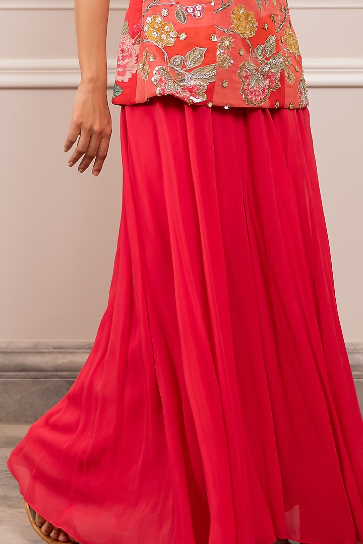 Red Georgette Floral Printed Corset-Style Kurta Set by Paulmi & Harsh at Pernia's Pop Up Shop