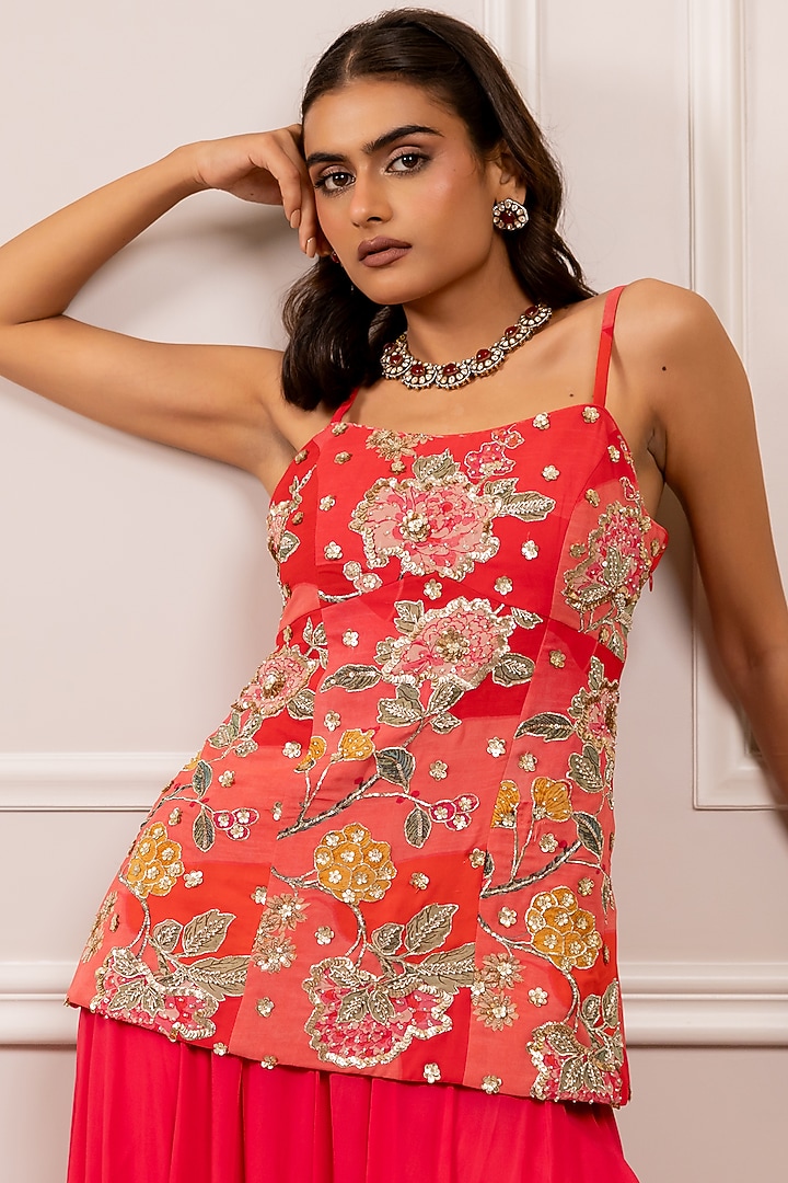 Red Georgette Floral Printed Corset-Style Kurta Set by Paulmi & Harsh at Pernia's Pop Up Shop
