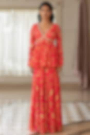 Red Georgette Floral Printed Party Wear Sharara Set by Paulmi & Harsh at Pernia's Pop Up Shop