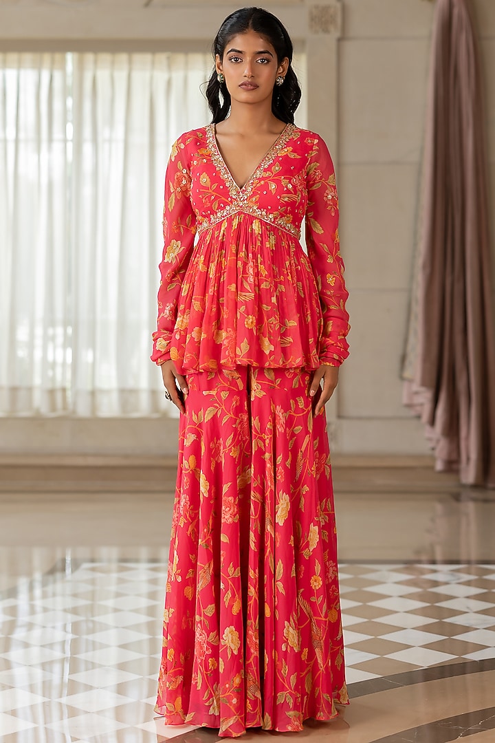 Red Georgette Floral Printed Party Wear Sharara Set by Paulmi & Harsh at Pernia's Pop Up Shop