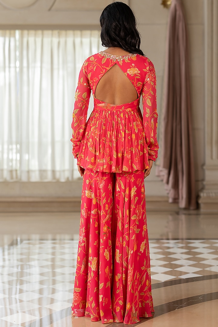 Red Georgette Floral Printed Party Wear Sharara Set by Paulmi & Harsh at Pernia's Pop Up Shop