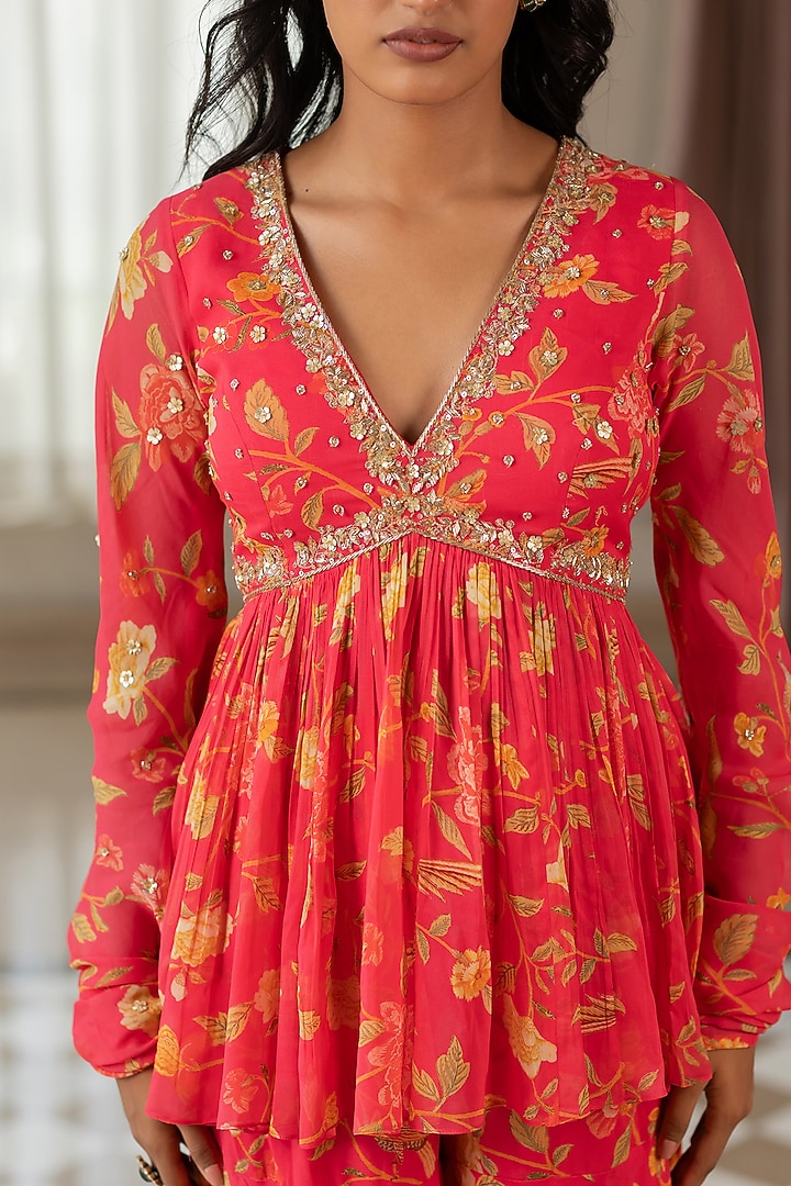 Red Georgette Floral Printed Party Wear Sharara Set by Paulmi & Harsh at Pernia's Pop Up Shop