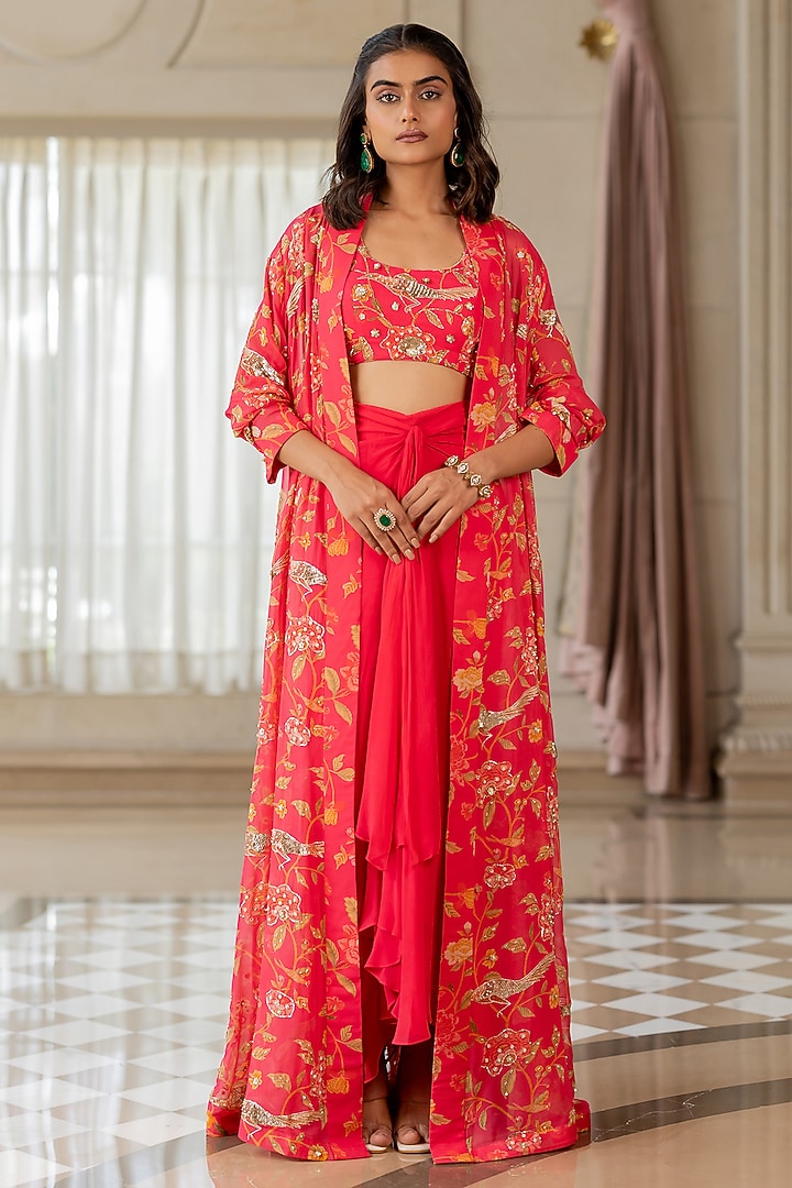 Peony Pink Georgette Floral Printed Jacket Set by Paulmi & Harsh at Pernia's Pop Up Shop