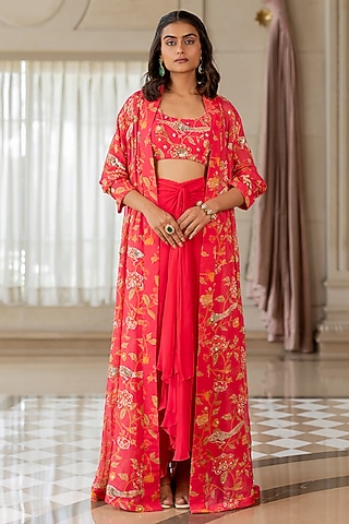Peony Pink Georgette Floral Printed Jacket Set by Paulmi & Harsh