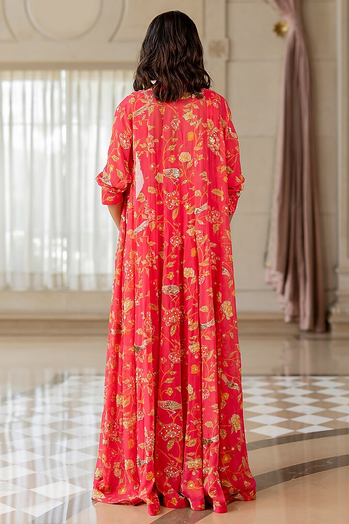 Peony Pink Georgette Floral Printed Jacket Set by Paulmi & Harsh at Pernia's Pop Up Shop