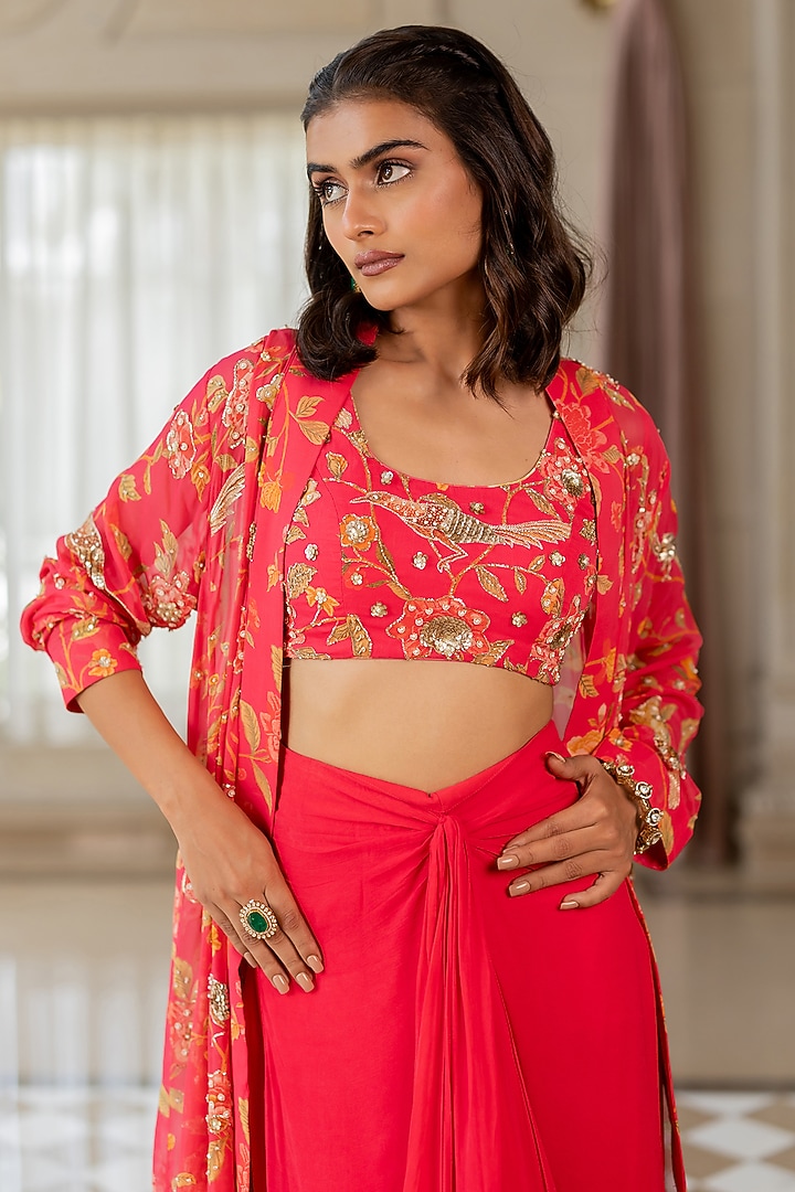 Peony Pink Georgette Floral Printed Jacket Set by Paulmi & Harsh at Pernia's Pop Up Shop