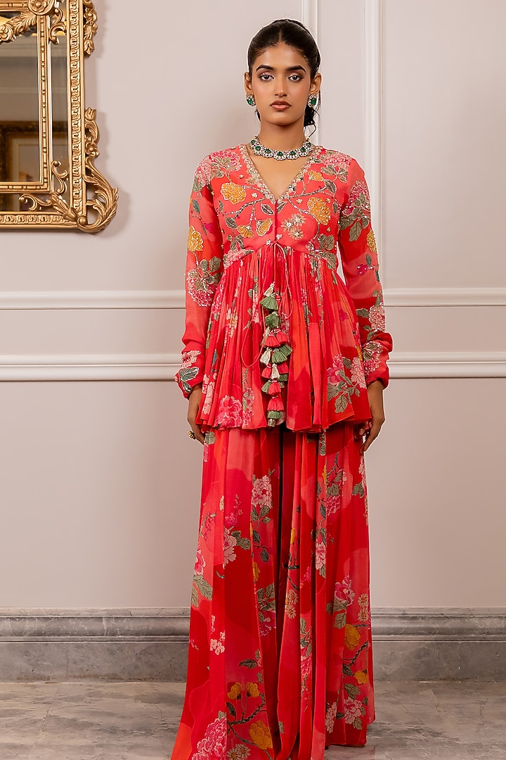 Peony Pink Georgette Floral Printed Palazzo Pant Set by Paulmi & Harsh at Pernia's Pop Up Shop