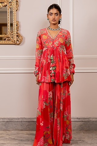 Peony Pink Georgette Floral Printed Palazzo Pant Set by Paulmi & Harsh