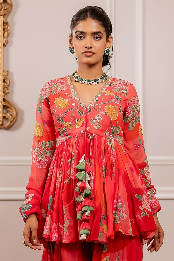 Peony Pink Georgette Floral Printed Palazzo Pant Set by Paulmi & Harsh at Pernia's Pop Up Shop