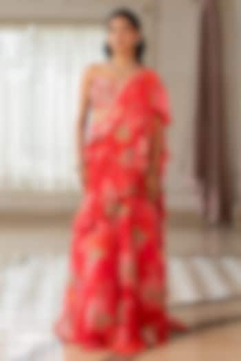 Peony Pink Georgette Floral Printed Ruffled Wedding Saree Set by Paulmi & Harsh at Pernia's Pop Up Shop