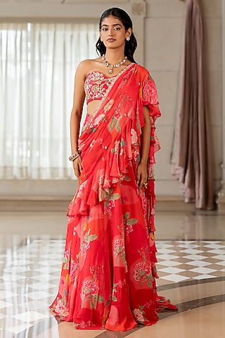 Peony Pink Georgette Floral Printed Ruffled Saree Set by Paulmi & Harsh