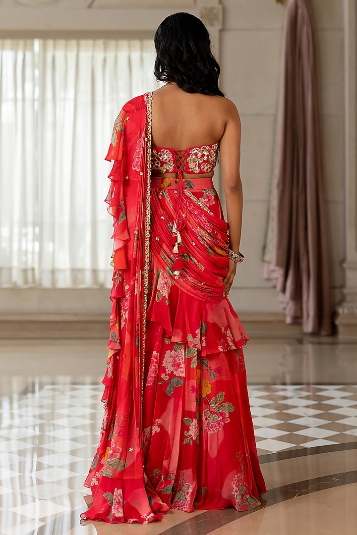 Peony Pink Georgette Floral Printed Ruffled Wedding Saree Set by Paulmi & Harsh at Pernia's Pop Up Shop