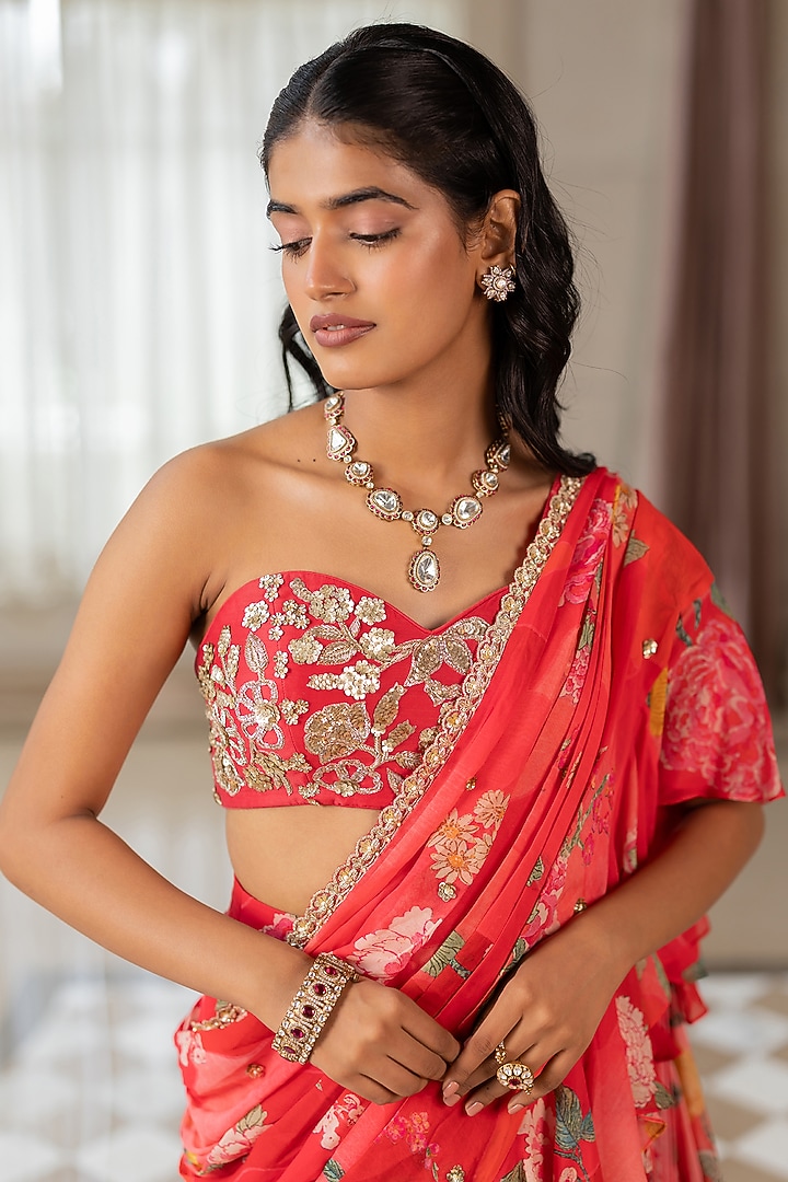 Peony Pink Georgette Floral Printed Ruffled Wedding Saree Set by Paulmi & Harsh at Pernia's Pop Up Shop