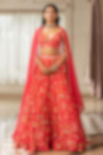 Peony Pink Georgette Floral Printed Wedding Lehenga Set by Paulmi & Harsh at Pernia's Pop Up Shop