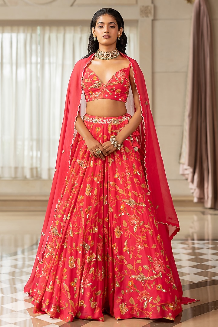Peony Pink Georgette Floral Printed Wedding Lehenga Set by Paulmi & Harsh at Pernia's Pop Up Shop