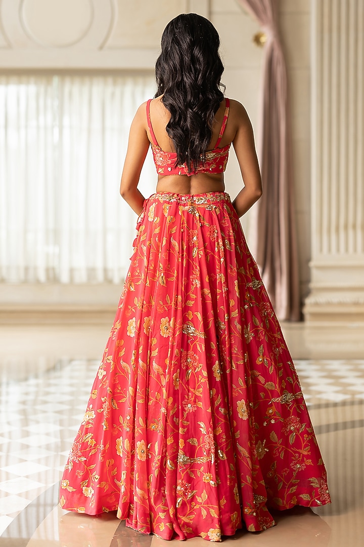 Peony Pink Georgette Floral Printed Wedding Lehenga Set by Paulmi & Harsh at Pernia's Pop Up Shop