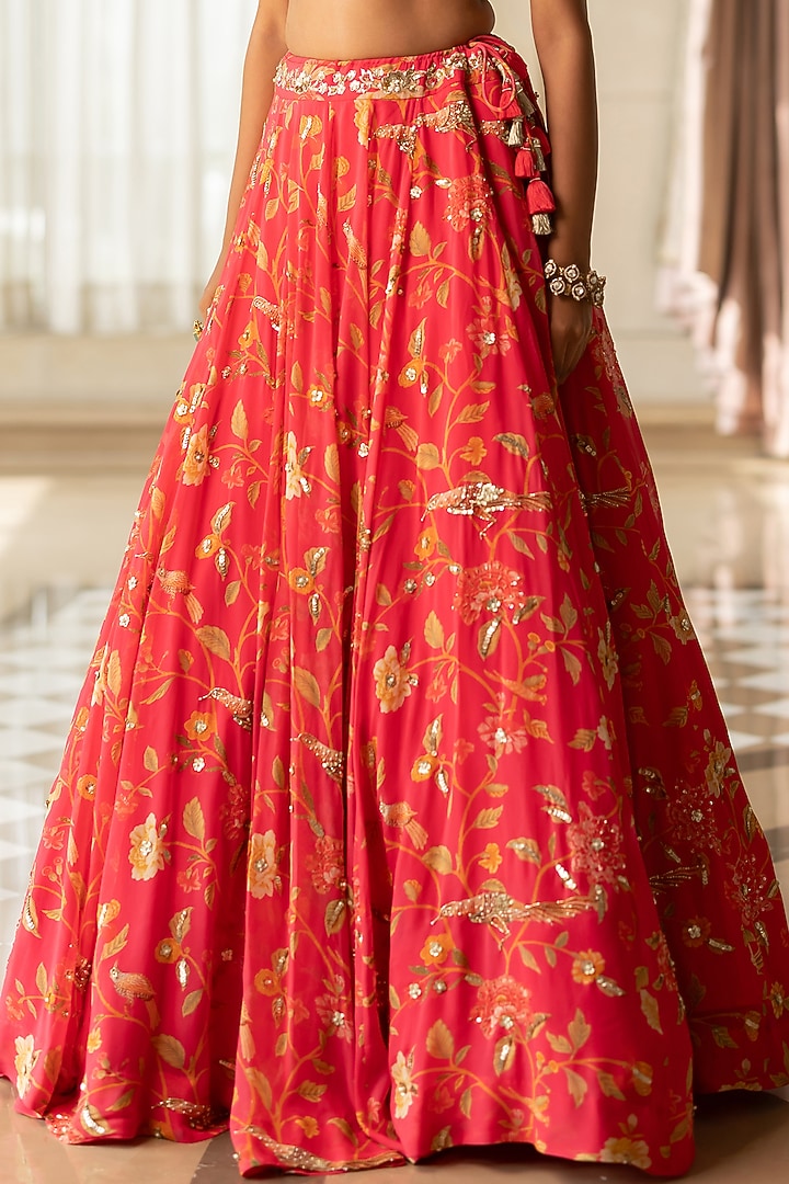 Peony Pink Georgette Floral Printed Wedding Lehenga Set by Paulmi & Harsh at Pernia's Pop Up Shop