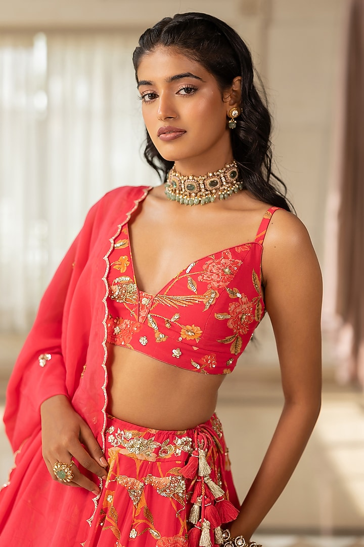 Peony Pink Georgette Floral Printed Wedding Lehenga Set by Paulmi & Harsh at Pernia's Pop Up Shop