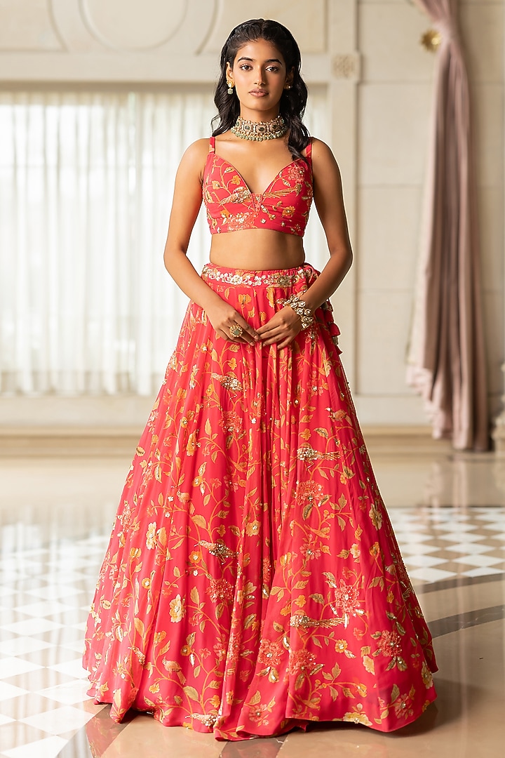 Peony Pink Georgette Floral Printed Wedding Lehenga Set by Paulmi & Harsh at Pernia's Pop Up Shop