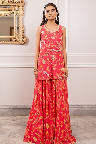 Peony Pink Georgette Floral Printed Sharara Set by Paulmi & Harsh
