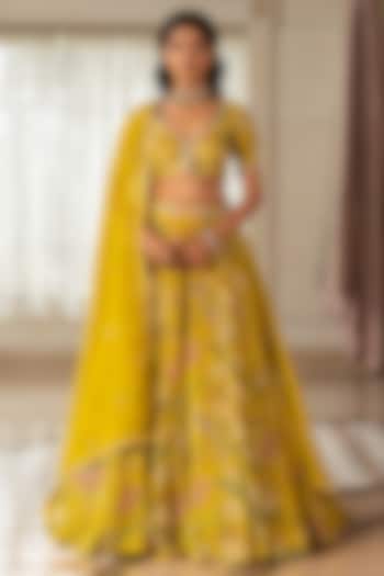 Yellow Organza Floral Printed Wedding Lehenga Set by Paulmi & Harsh at Pernia's Pop Up Shop