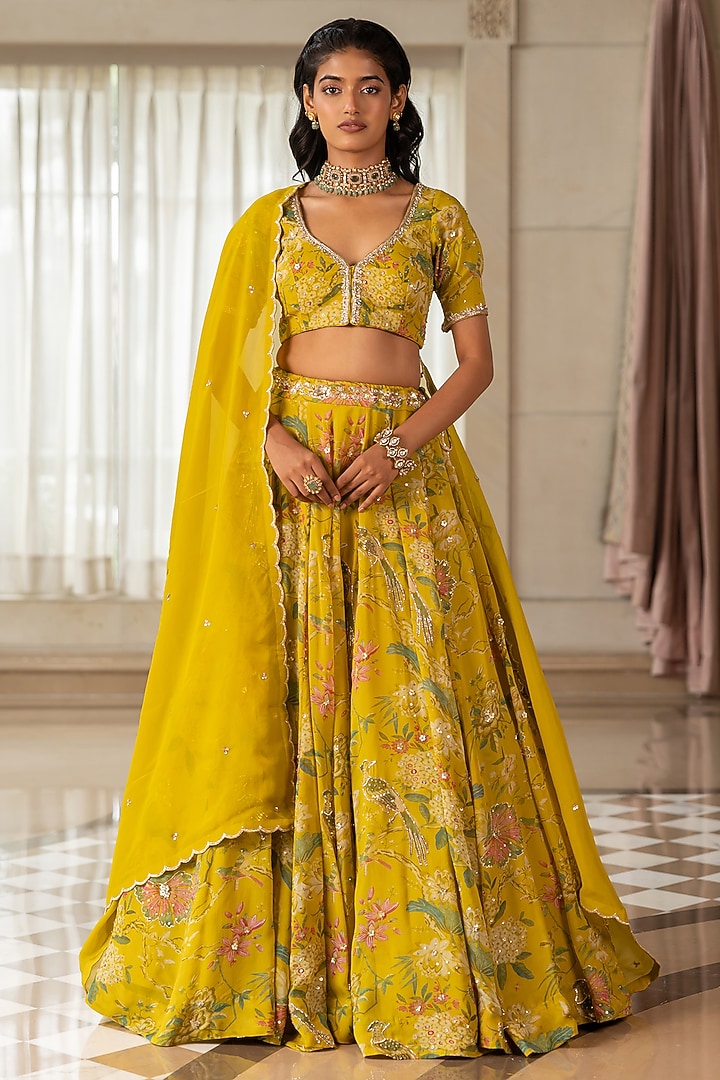 Yellow Organza Floral Printed Wedding Lehenga Set by Paulmi & Harsh at Pernia's Pop Up Shop