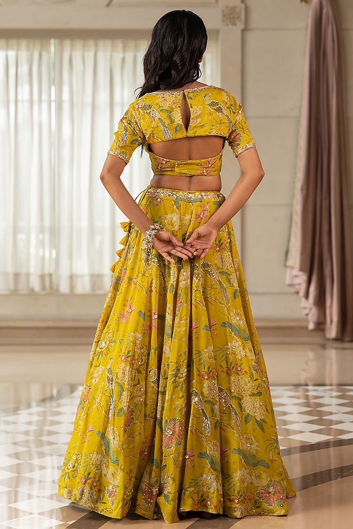 Yellow Organza Floral Printed Wedding Lehenga Set by Paulmi & Harsh at Pernia's Pop Up Shop