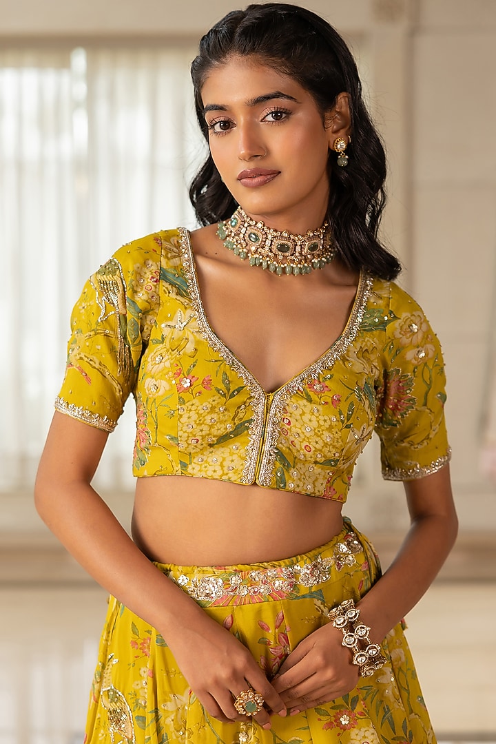 Yellow Organza Floral Printed Wedding Lehenga Set by Paulmi & Harsh at Pernia's Pop Up Shop