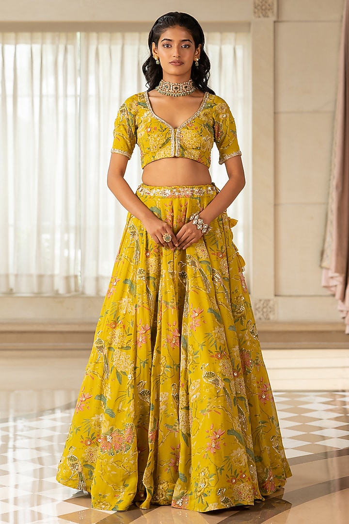 Yellow Organza Floral Printed Wedding Lehenga Set by Paulmi & Harsh at Pernia's Pop Up Shop