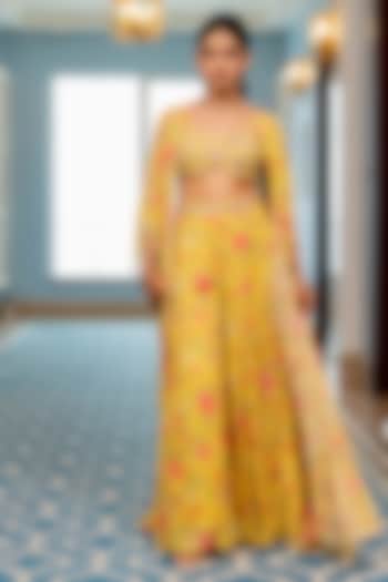 Yellow Georgette Floral Printed Party Wear Sharara Set by Paulmi & Harsh at Pernia's Pop Up Shop