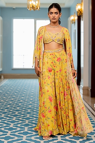 Yellow Georgette Floral Printed Sharara Set by Paulmi & Harsh