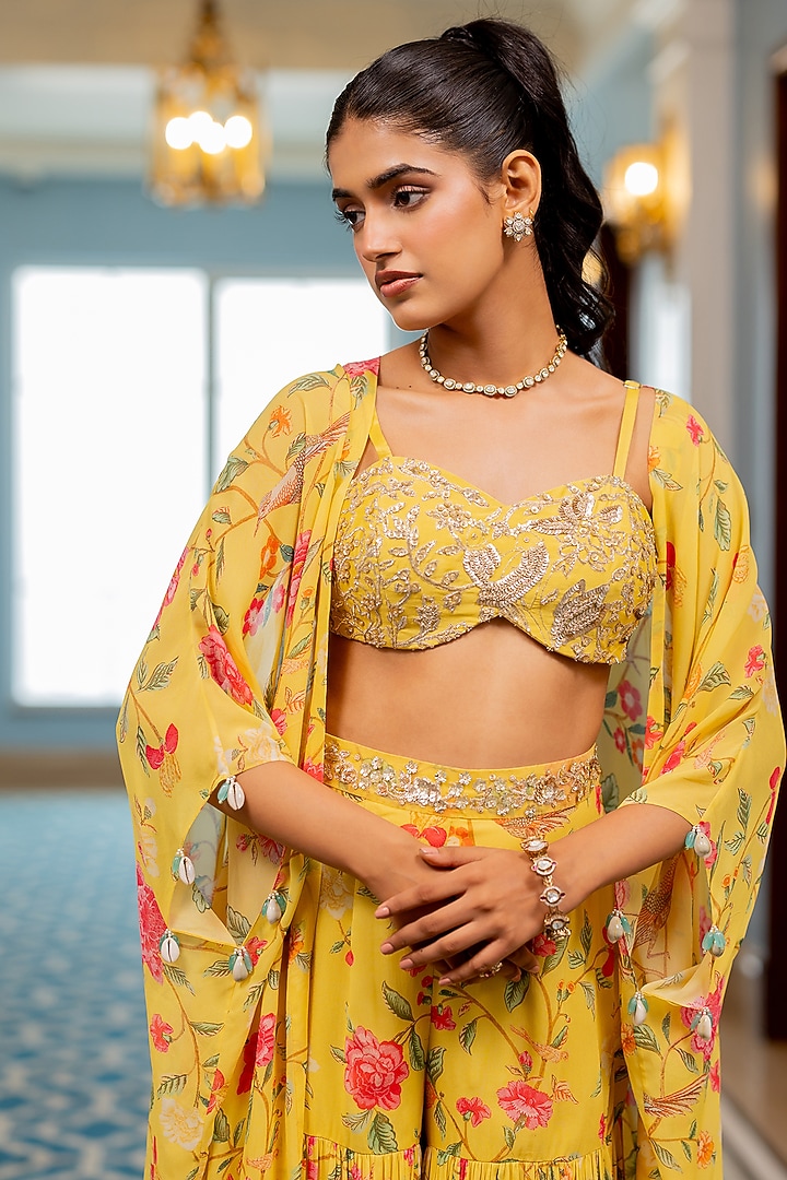 Yellow Georgette Floral Printed Party Wear Sharara Set by Paulmi & Harsh at Pernia's Pop Up Shop