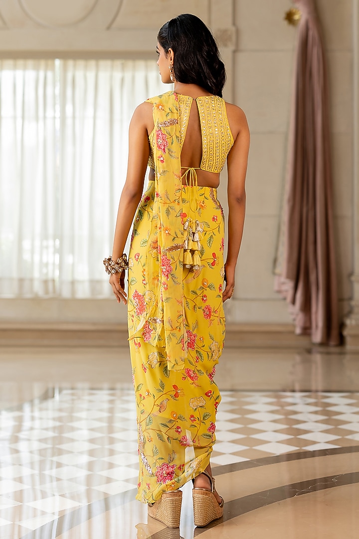 Yellow Georgette Floral Printed Pre-Draped Wedding Saree Set by Paulmi & Harsh at Pernia's Pop Up Shop