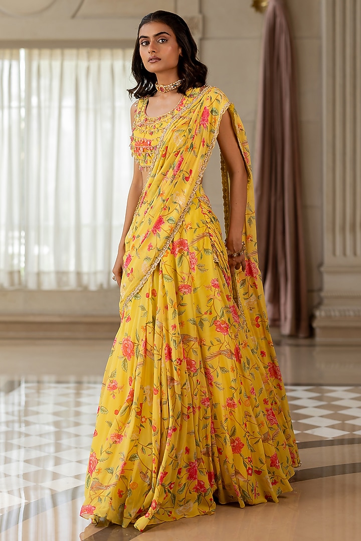 Yellow Georgette Floral Printed Pre-Draped Wedding Saree Set by Paulmi & Harsh at Pernia's Pop Up Shop