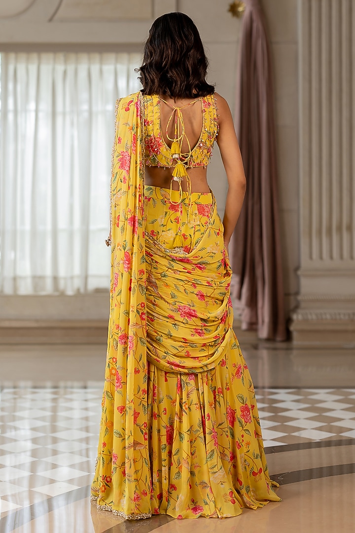 Yellow Georgette Floral Printed Pre-Draped Wedding Saree Set by Paulmi & Harsh at Pernia's Pop Up Shop