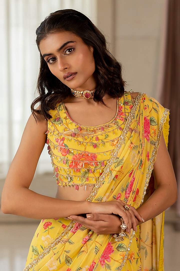 Yellow Georgette Floral Printed Pre-Draped Wedding Saree Set by Paulmi & Harsh at Pernia's Pop Up Shop