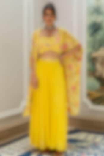 Yellow Georgette Floral Printed Jacket Set by Paulmi & Harsh at Pernia's Pop Up Shop