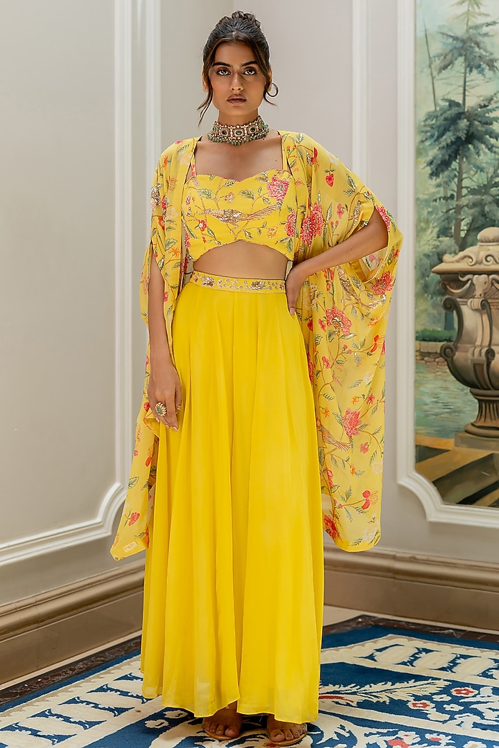 Yellow Georgette Floral Printed Jacket Set by Paulmi & Harsh at Pernia's Pop Up Shop