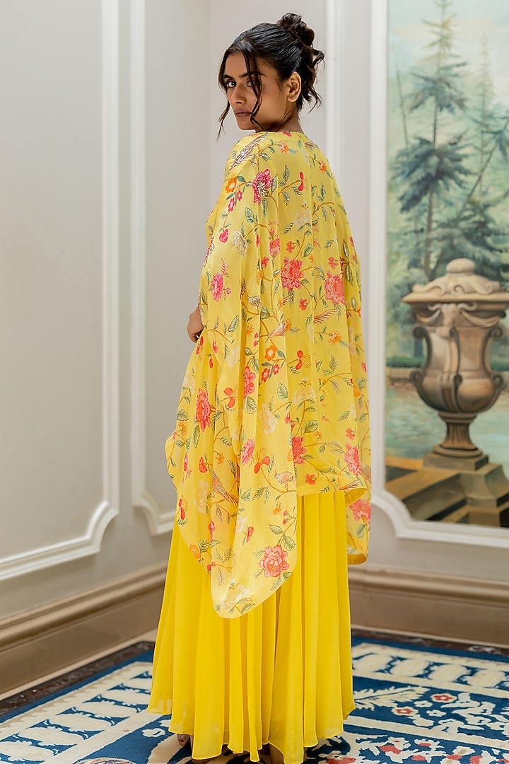 Yellow Georgette Floral Printed Jacket Set by Paulmi & Harsh at Pernia's Pop Up Shop