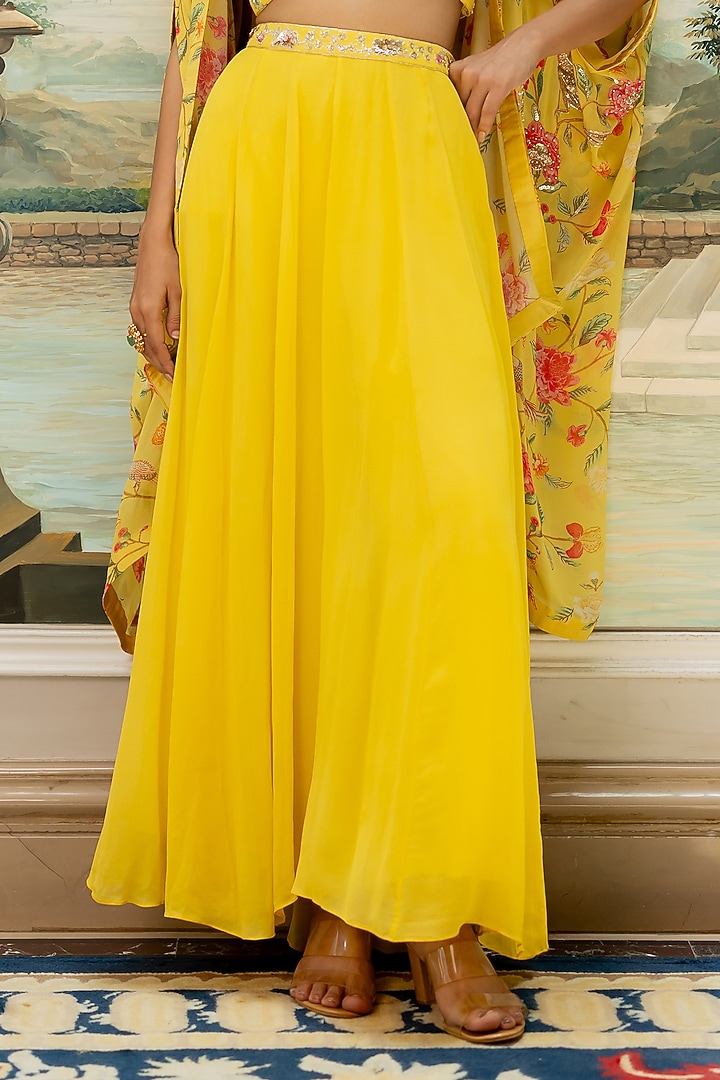 Yellow Georgette Floral Printed Jacket Set by Paulmi & Harsh at Pernia's Pop Up Shop