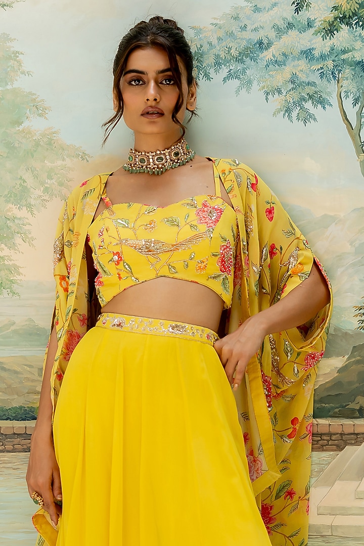 Yellow Georgette Floral Printed Jacket Set by Paulmi & Harsh at Pernia's Pop Up Shop
