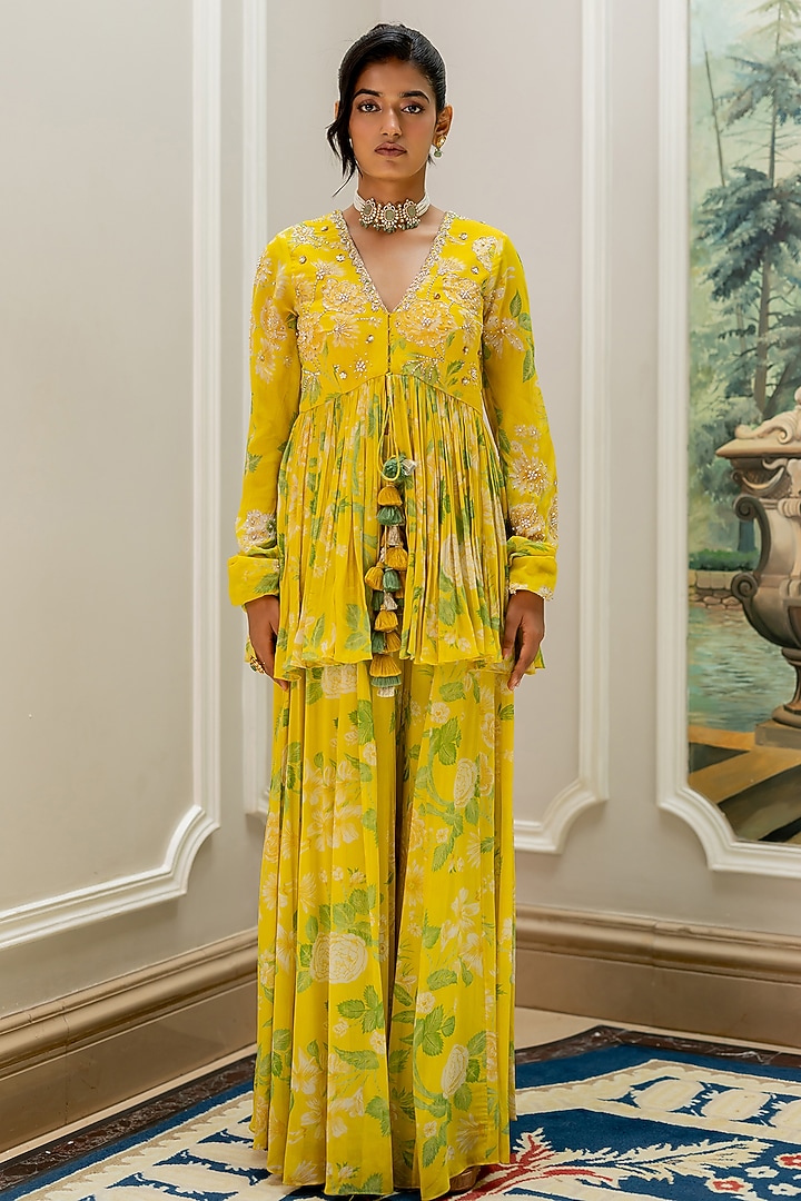 Yellow Georgette Floral Printed Palazzo Pant Set by Paulmi & Harsh at Pernia's Pop Up Shop