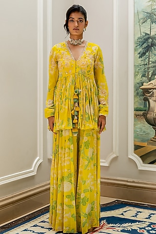 Yellow Georgette Floral Printed Palazzo Pant Set by Paulmi & Harsh
