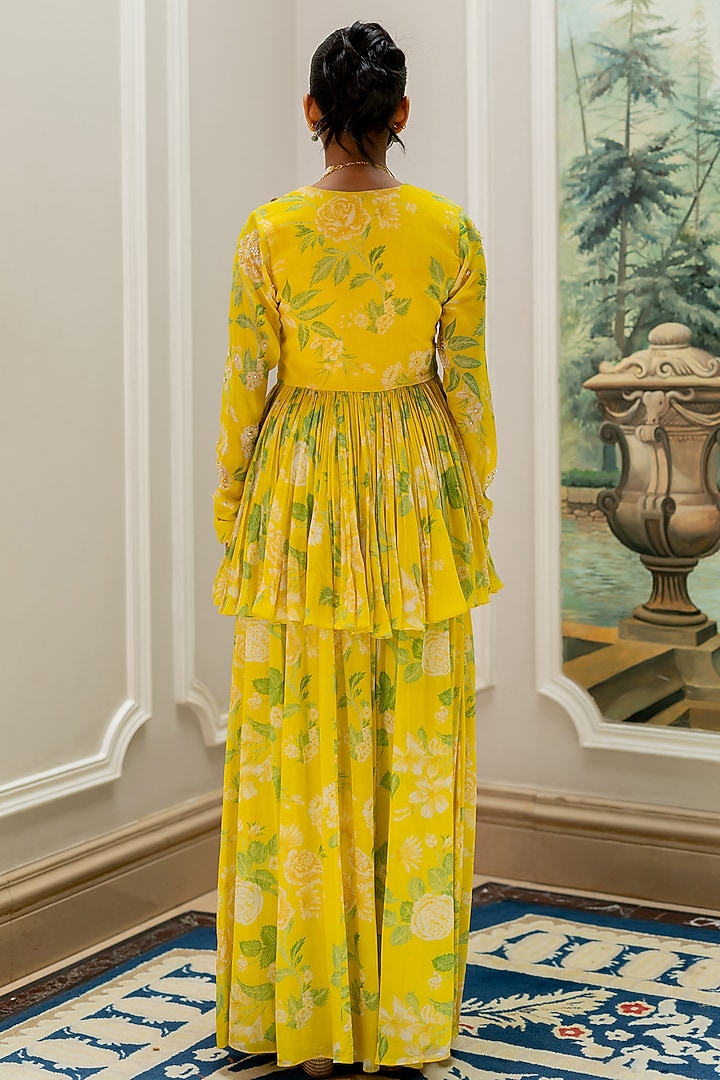 Yellow Georgette Floral Printed Palazzo Pant Set by Paulmi & Harsh at Pernia's Pop Up Shop