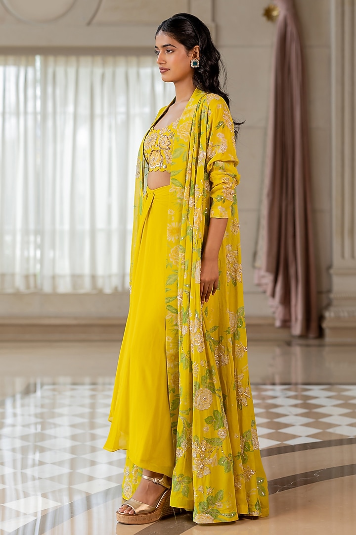 Yellow Georgette Floral Printed Jacket Set by Paulmi & Harsh at Pernia's Pop Up Shop
